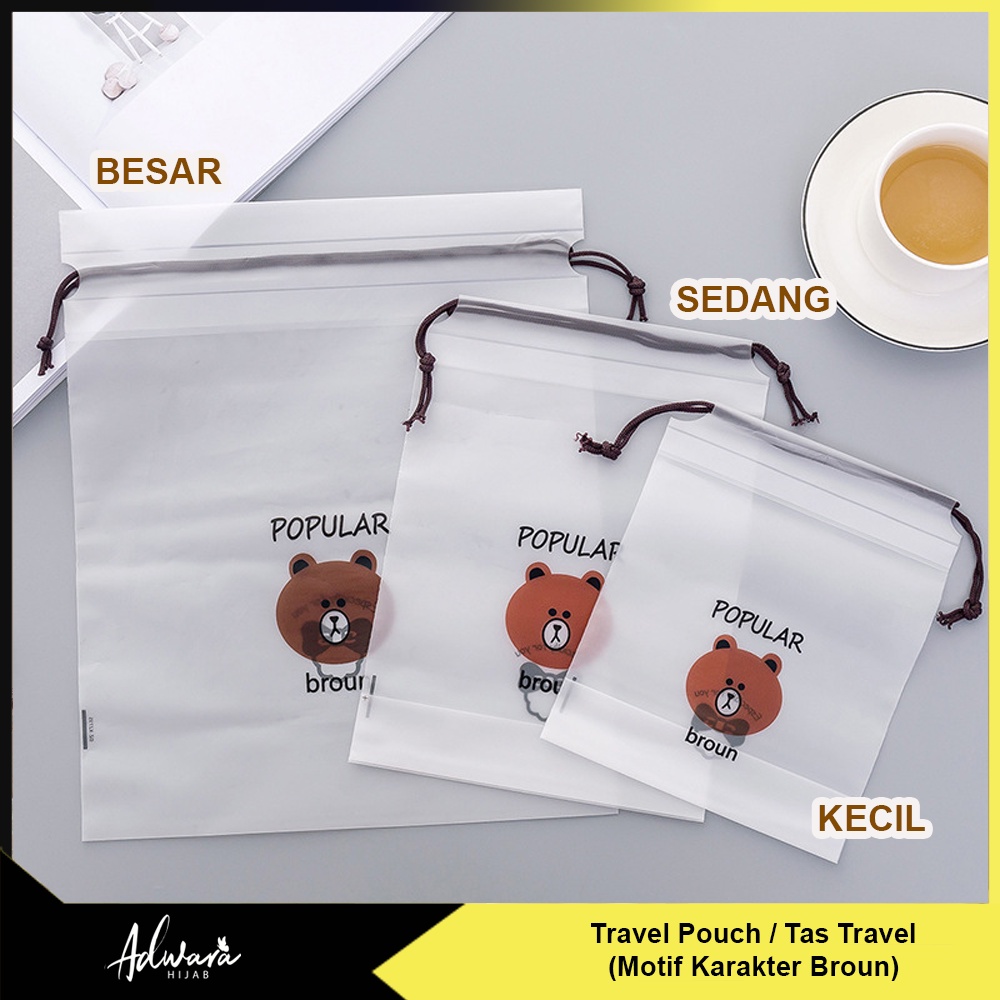 Travel Pouch Karakter Brown Bag Organizer Tas Serut Kosmetik Kantong Serbaguna Anti Air