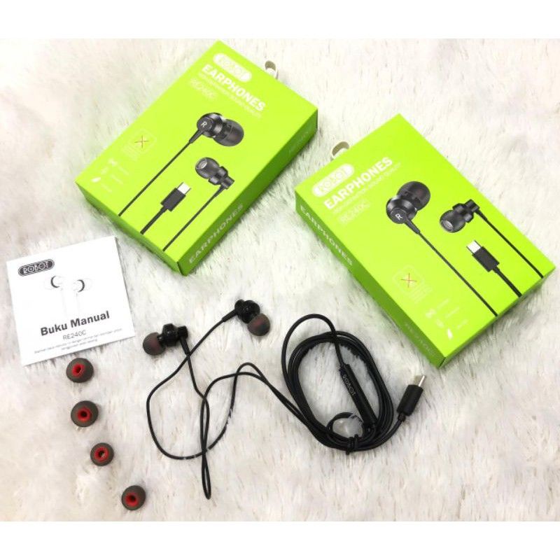 (Vroff Store) Headset Earphone Robot RE240C RE-240C Tipe C Original Produk by Robot  (Khusus Handphone Tanpa Jack / Lubang Audio)