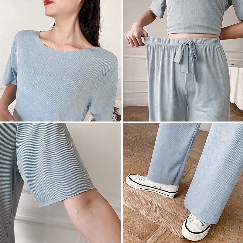 Piyama Baju Tidur Import Sleepwear Lengan Pendek Celana Panjang Polos Stelan Rumah Oversize Ice Silk-2