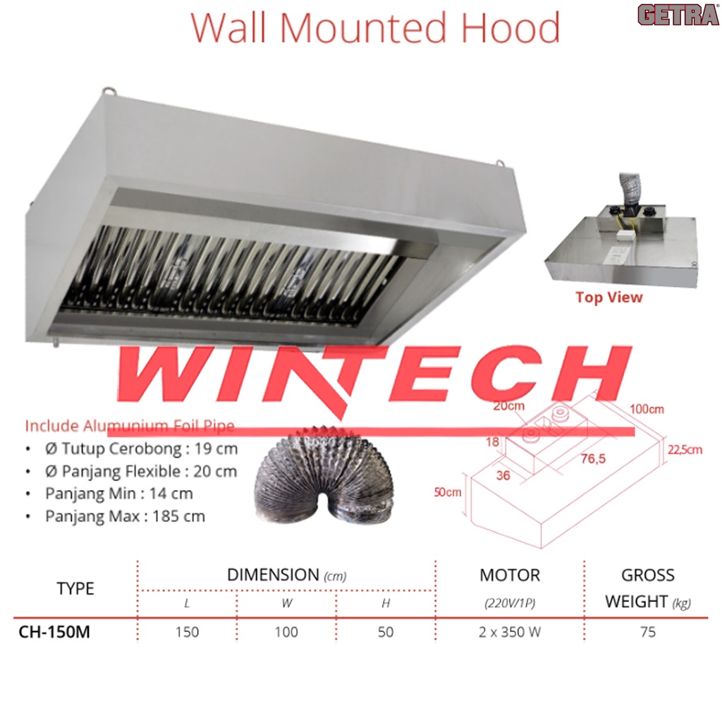 Getra CH-150M Wall Mouted Hood Alat Pengisap Asap Dapur Saat Memasak - Cooker Hood - Tudung Hisap - 