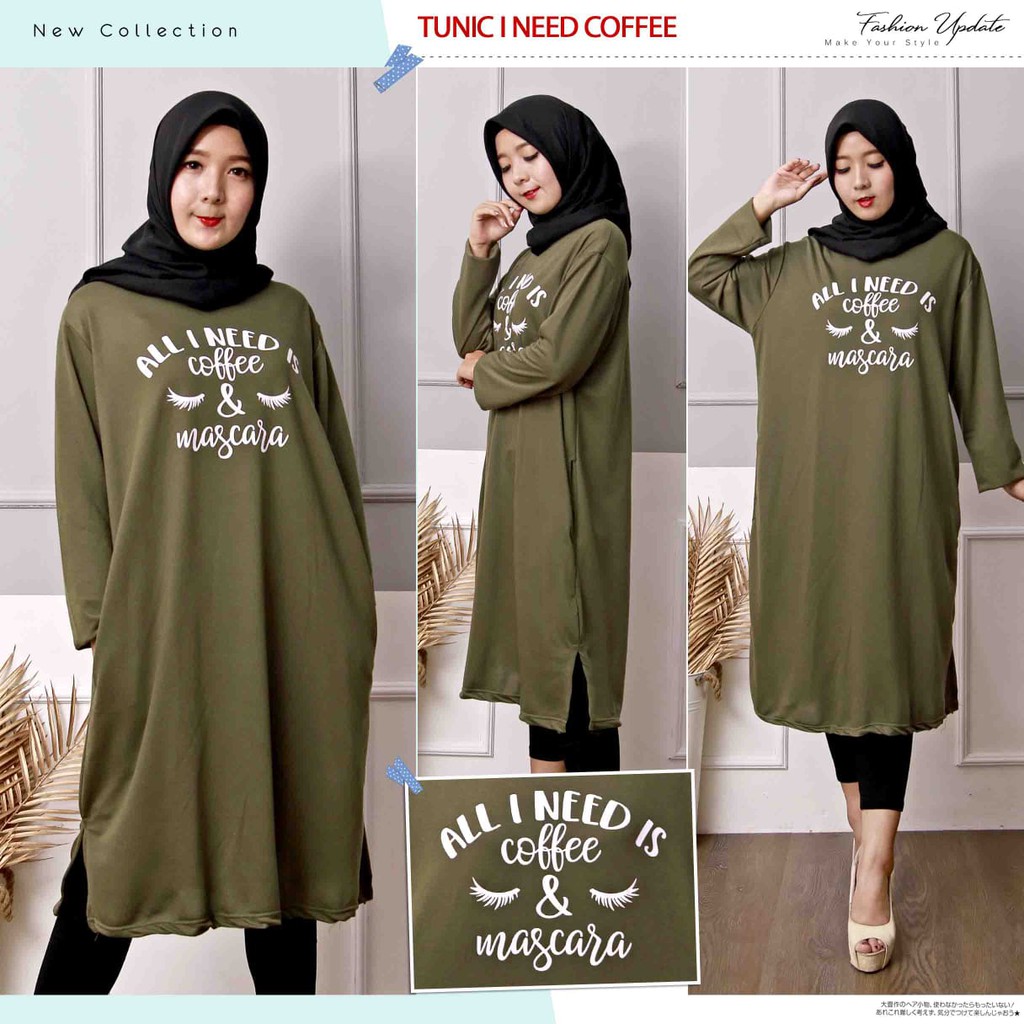 COD TUNIK FASHION MUSLIM I NEED COFFEE XXL LD 110