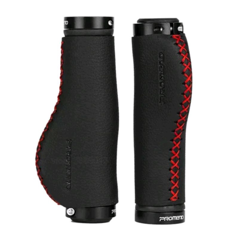 Promend GR-502 Handgrip Leather Doubel Lock Handlebar Grip Leather Handgrip Sepeda Lis Merah