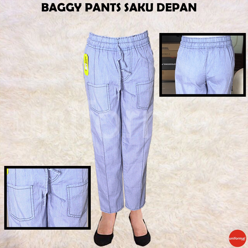 Celana Baggy Pants Semi Jeans Wanita,  Baggy Pants Jins, Celana Perempuan Pinggang Karet Tali, Celana Wanita Kekinian Saku Depan, Baggy Boyfrend Mid Waist ROSE BAGGY PANTS // BOYFRIEND JEANS SNOW