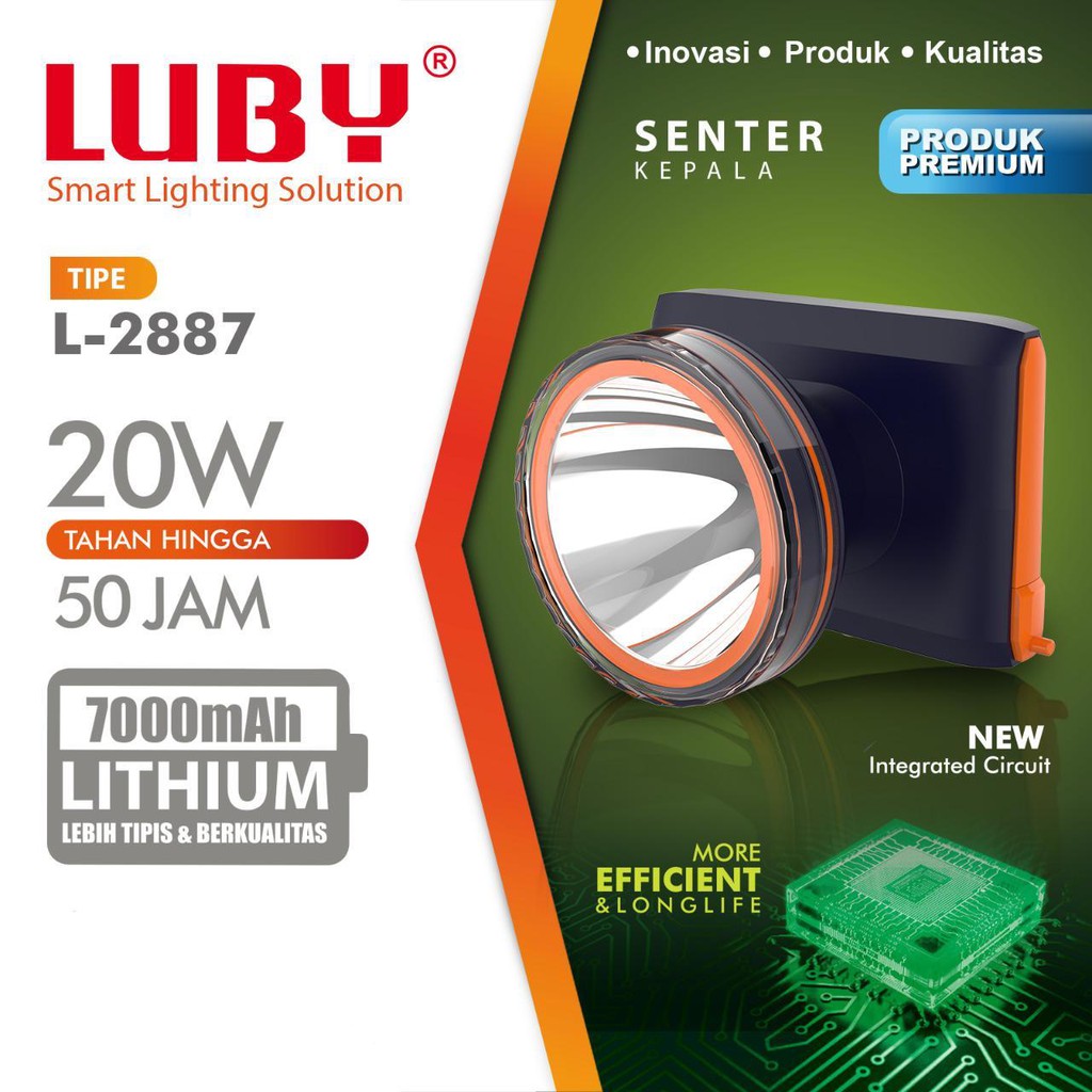 Headlamp Luby LED L2887 senter kepala 20 watt waterproof cas ulang