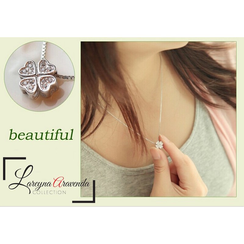 Kalung Titanium Wanita Liontin Model Lucky Clover Kristal Crystal KL061