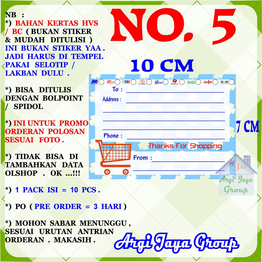 

Promo!Label Pengiriman Polosan Kertas Manila No = 5 (10x7cm) 1 Pack = 10 Pcs