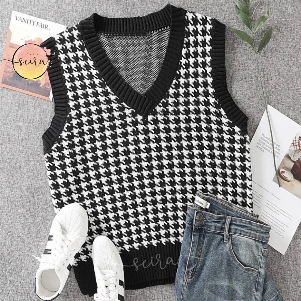 [BISA COD] Jennie Vest Rajut / Houndstooth Vest / Rompi Korea / Jennie Blackpink Vest Knit
