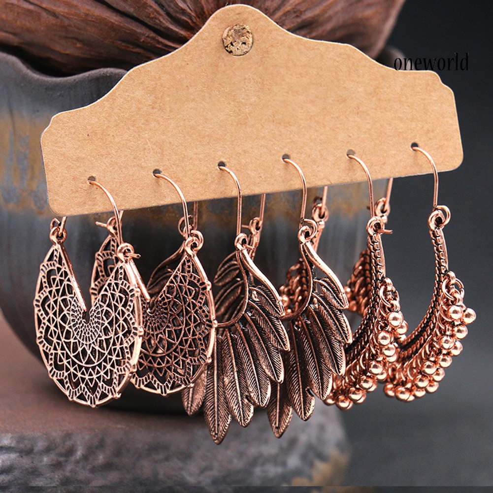 OW# 3Pairs Boho Gypsy Women Feather Round Hollow Dangle Hook Earrings Party Jewelry