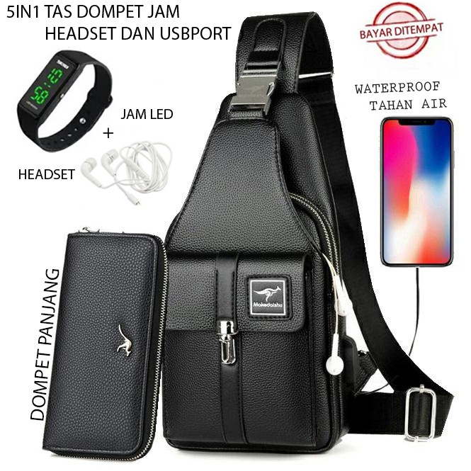 TANMESSO 5IN1 BAYAR DITEMPAT-BONUS JAM LED,DOMPET &amp; USBPORT&amp;HEADSET TAS SELEMPANG PRIA