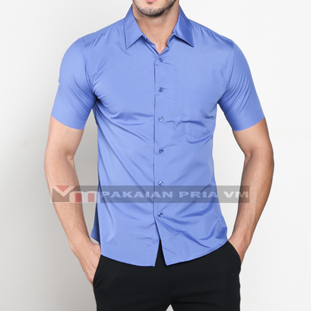 VM Kemeja Biru Polos Pendek Slimfit