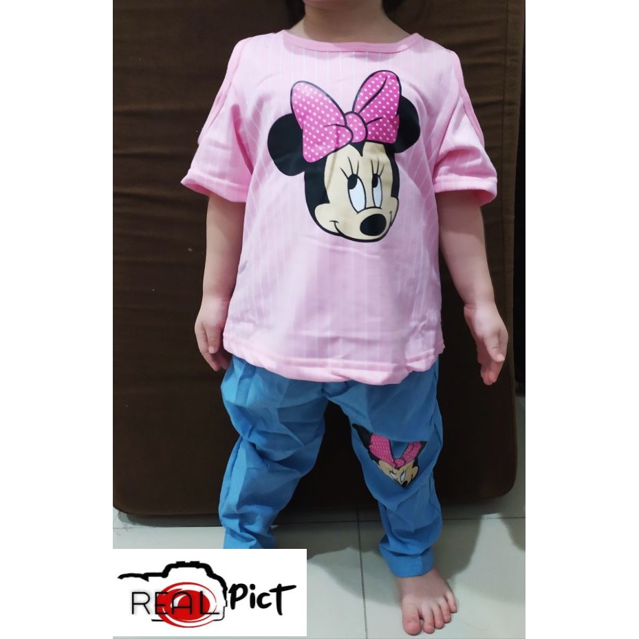 VISION ONLINE-STRIPY MINNIE PINKY SET BAJU DAN CELANA DENIM PANJANG ANAK PEREMPUAN 1 2 3 4 THN MURAH