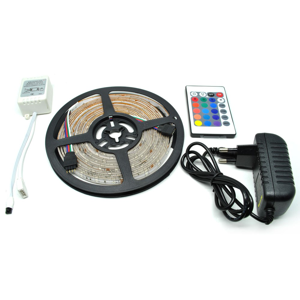 RGB LED Strip 3528 300 LED 5 Meter with 12V 2A Light Controller &amp; Remote Control - OMLL39BK Black