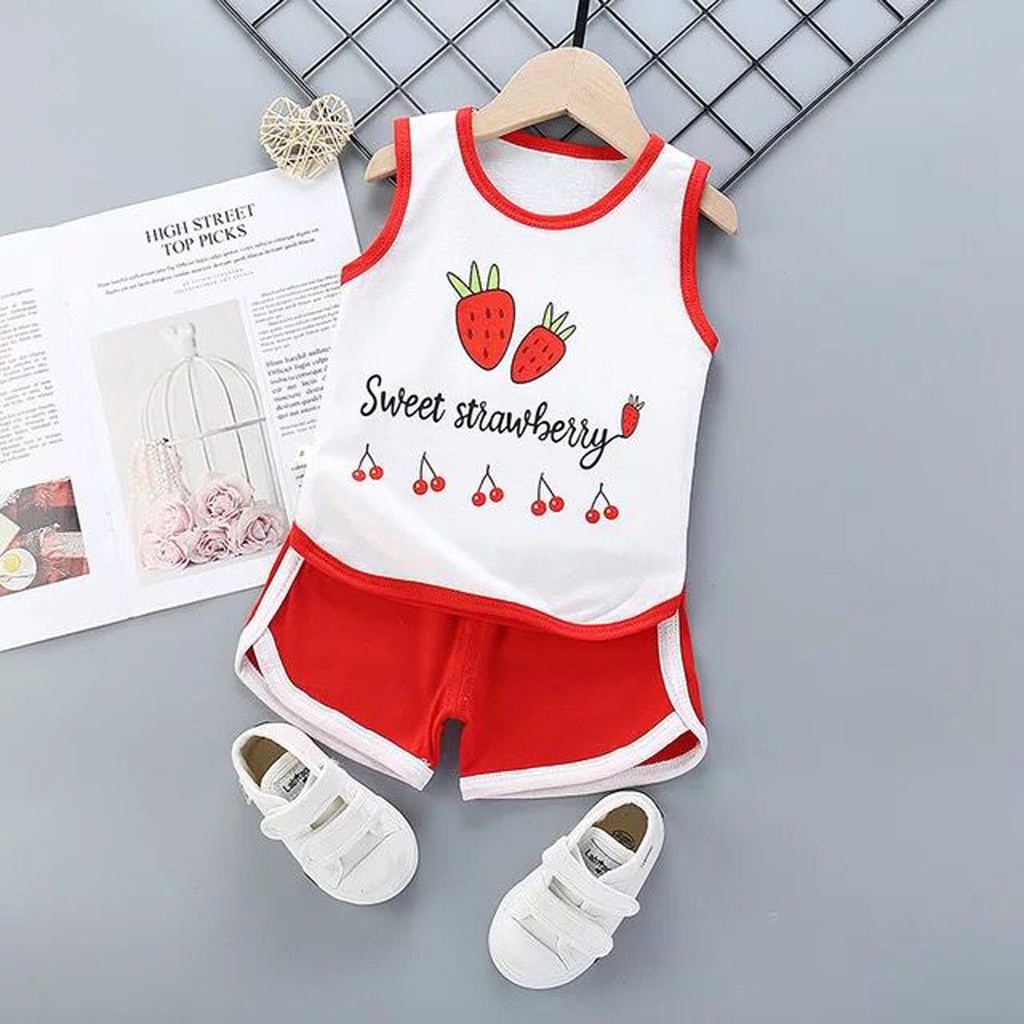 Baju Setelan Kutung Anak Import Set Baju Tangan Buntung Anak Bayi Lucu Summer Set Baju Tanpa Lengan Anak Lucu Bahan Katun Premium Strawberry