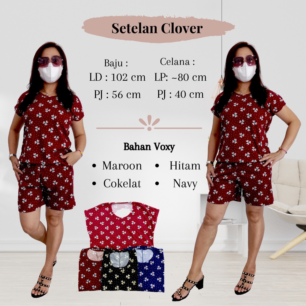 028 Setelan Atasan Celana Pendek Wanita Motif Clover