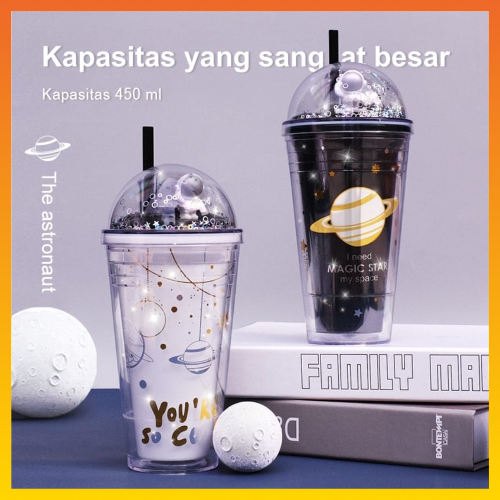 Botol Minum Motif planet bintang Tumbler Glitter Botol Minum + Sedotan Botol Minum 450ML WHFUNITURE