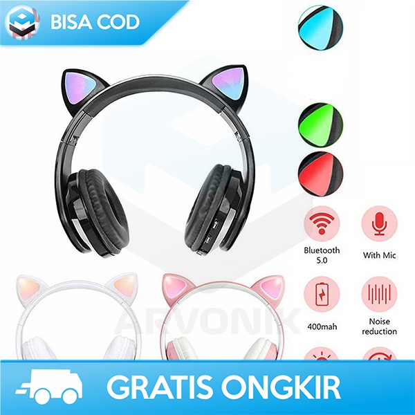 HEADPHONE LUCU HEADSET BLUETOOTH TELINGA KUCING 400MAH 10 METER PINK