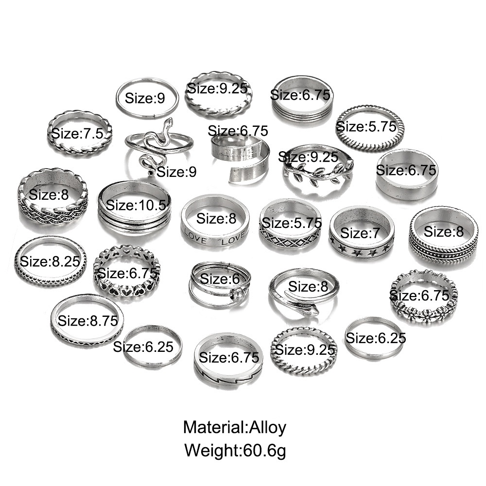 25pcs / Set Cincin Silver Model Ular / Hati / Daun Untuk Wanita