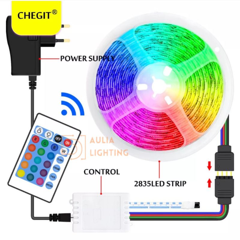 Lampu Led Strip RGB 5050 Warna Warni 2835 Komplit Set Adaptor Remote waterproof IP44 5 METER Hias Plafon Natal Tumblr Kamar tidur gaming AESTETIK