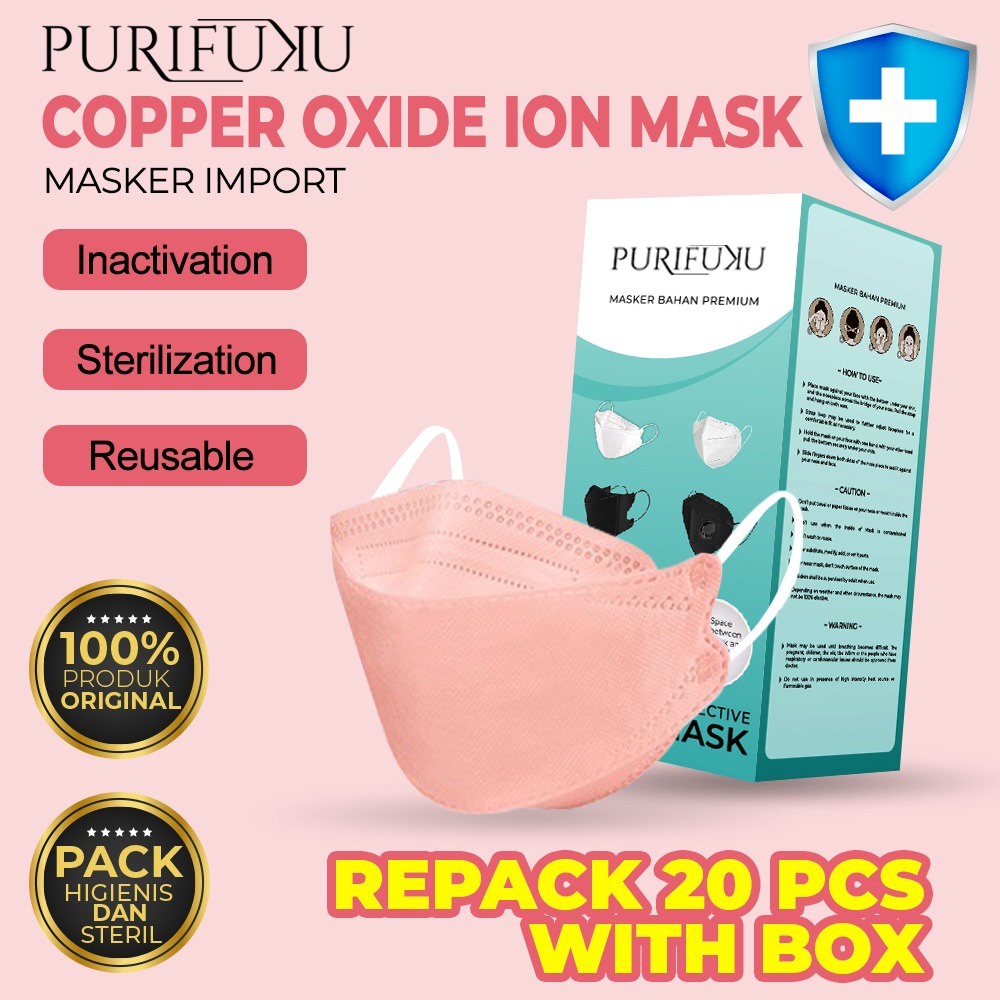 PURIFUKU - Masker Model KF94 Copper Oxide Ion Mask Korean Style 4ply - PINK - 1 Box 20 Pcs - Masker 