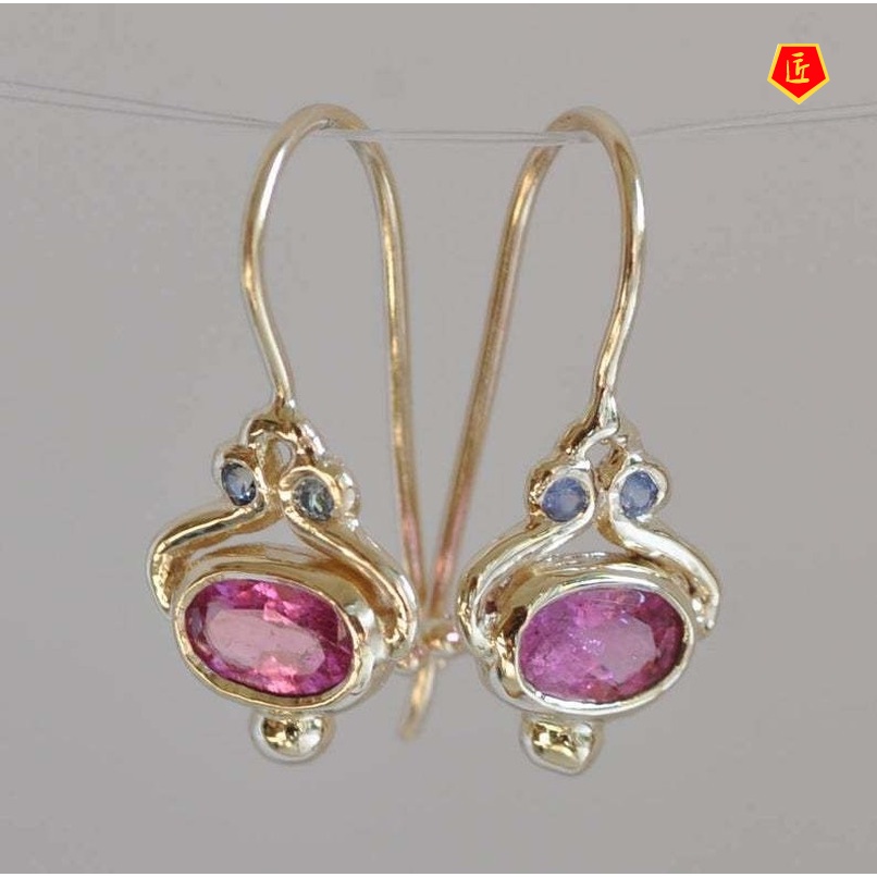 [Ready Stock]18K Gold Vintage Red Gemstone Earrings Luxury Elegant