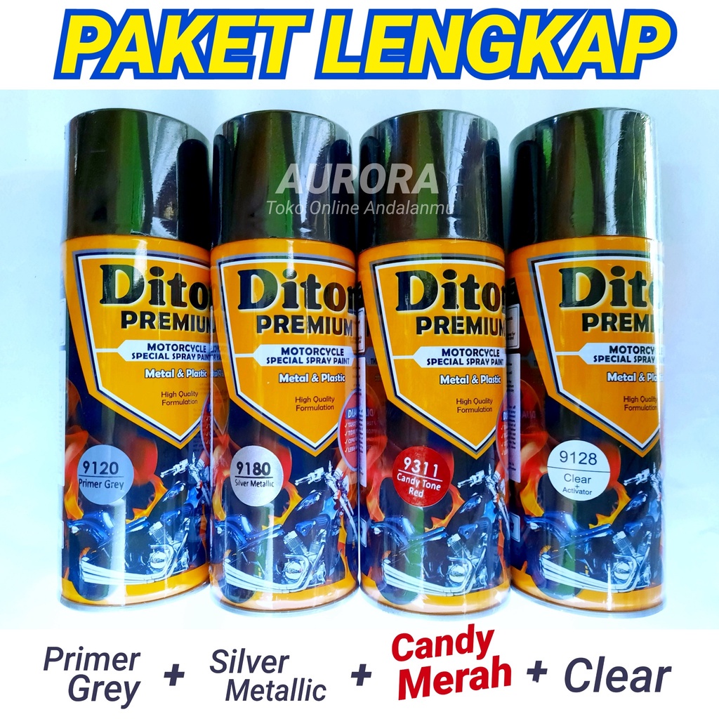 PAKET LENGKAP Diton Premium Epoxy Primer Grey + Silver Metalik + Candy Tone Red Merah + Clear