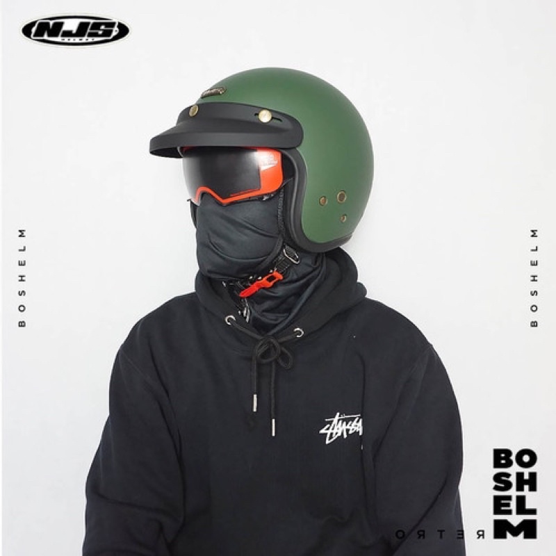 HELM NJS NX 2 RETRO SOLID DOUBLE VISOR INTERCOM FREE PET ORIGINAL 100%-Green Army Doff