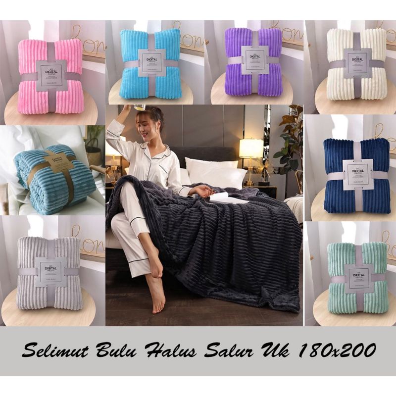 Selimut Bulu Halus Tebal Motif Polos Salur Ukuran 200x180 cm