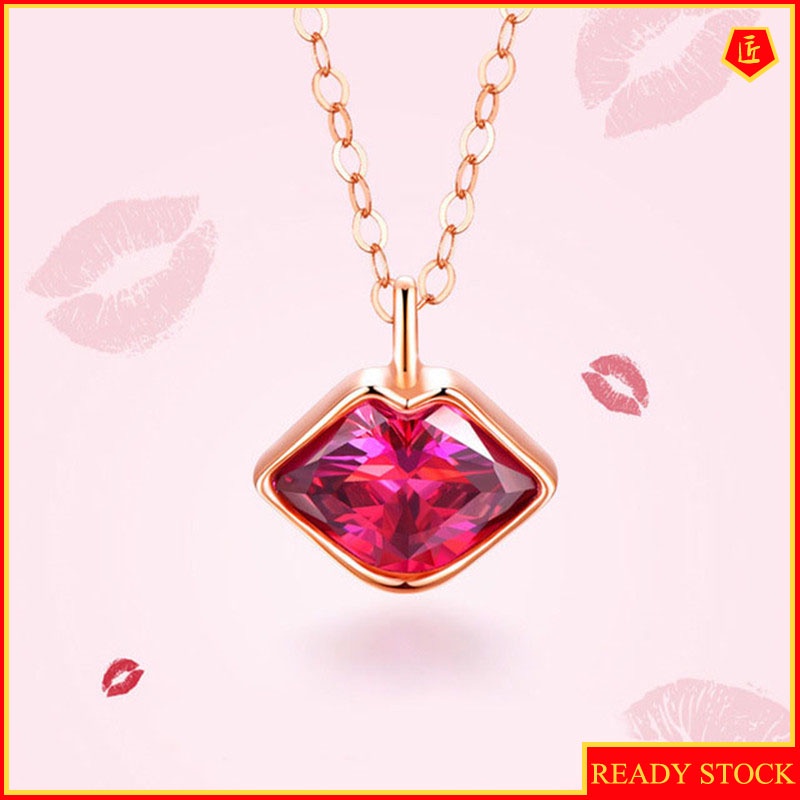 [Ready Stock]Fashion Lips Red Crystal Pendant Rose Gold Necklace