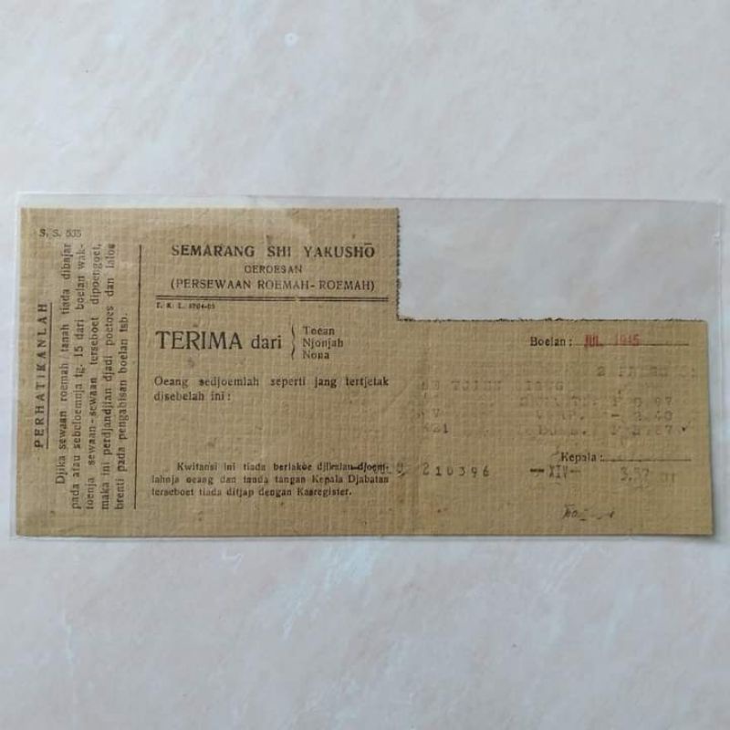 Koleksi Dokumen Arsip Kuno Tua Kwitansi Sewa Rumah era Dai Nippon 1945