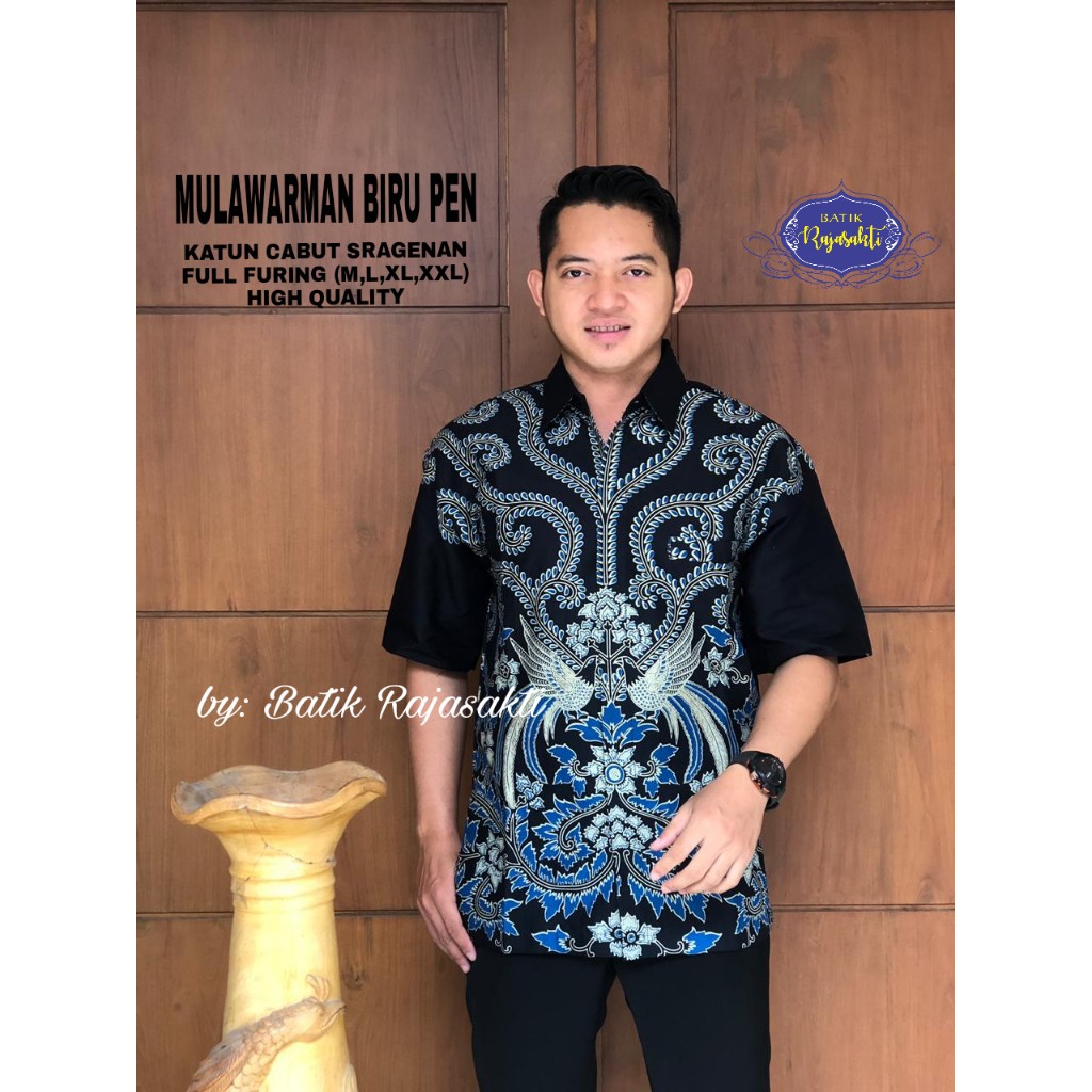 MULAWARMAN BIRU 2 Kemeja Batik Pria Lengan Pendek Katun Halus FULL FURING Rajasakti