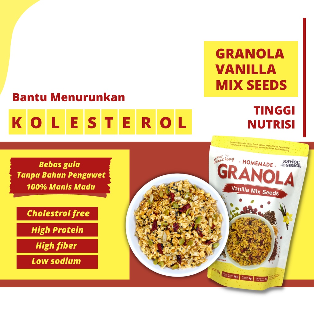 

MAKANAN PENURUN KOLESTEROL,DIABETES, LEMAK DARAH TINGGI BY SAVIOR SNACK GRANOLA VANILLA MIX SEEDS CEMILAN BERNUTRISI TINGGI BEBAS GULA & GARAM BAHAN ALAMI Rolled Oat, BIJI-BIJIAN & BUAH KERING