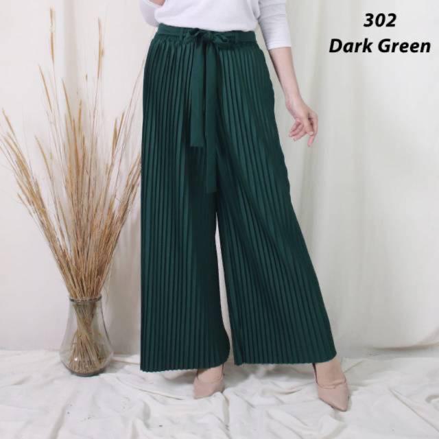 302 KULOT PLISKET PANJANG TALI PINGGANG MODIS FASHION MUSLIM BAWAHAN CELANA POLOS MURAH PLEATEDPANTS-Darkgreen