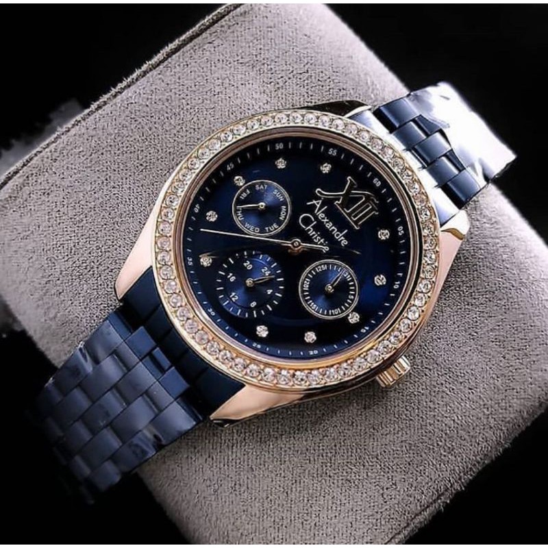 ORIGINAL GARANSI RESMI JAM TANGAN WANITA ALEXANDRE CHRISTIE BLUE ROSEGOLD RANTAI STAINLESS STEEL ARL