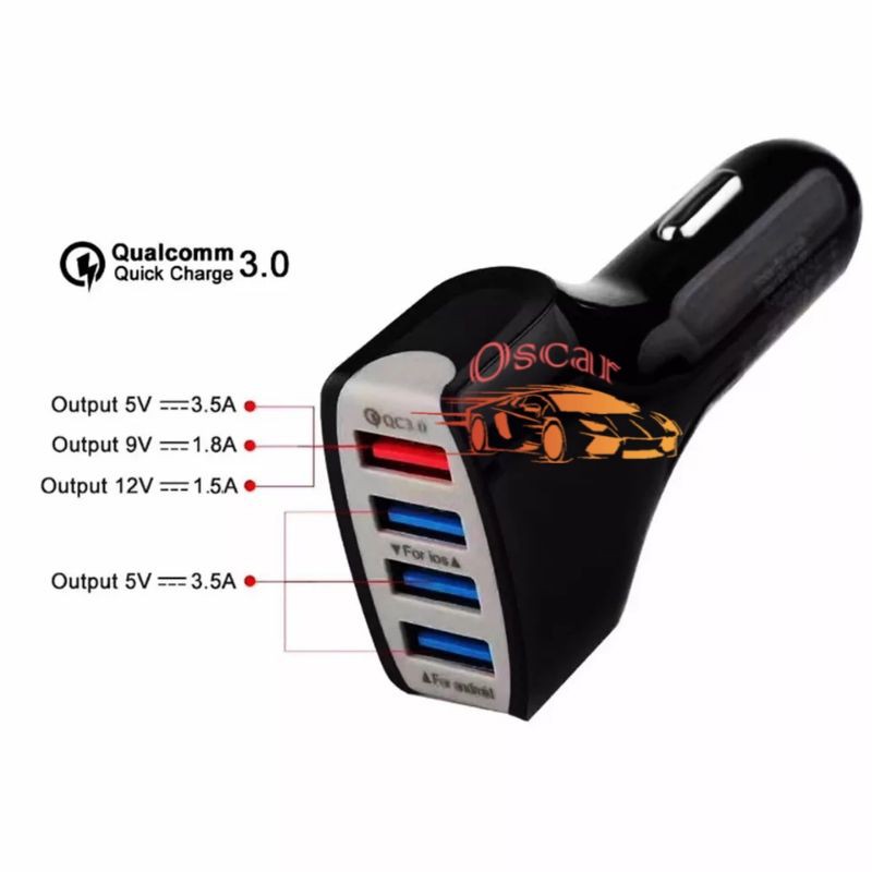 Car Charger Colokan Mobil 4 Ports QC3.0 3.1A Qualcomm Black White