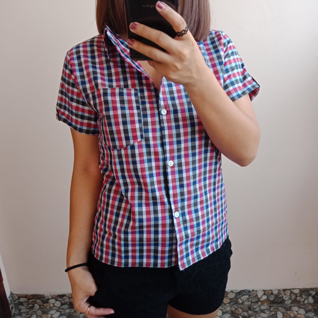 LV KEMEJA KOTAK PELANGI REAL PICT / Atasan Pakaian Wanita