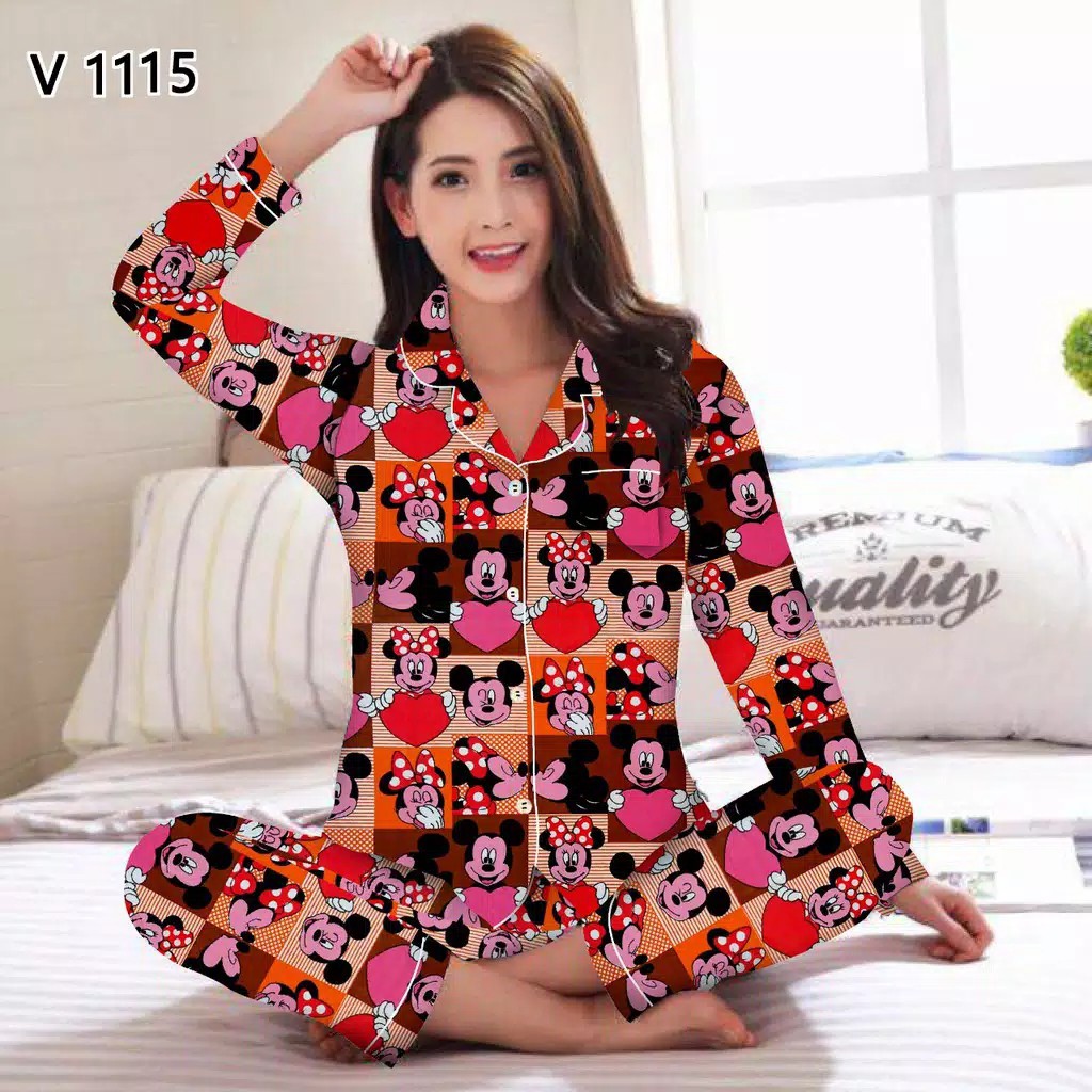 JNV Piyama PP Wanita Motif Karakter Kartun 02 - Baju Tidur Lengan Panjang - Bahan Katun-Mini Love Micky oren