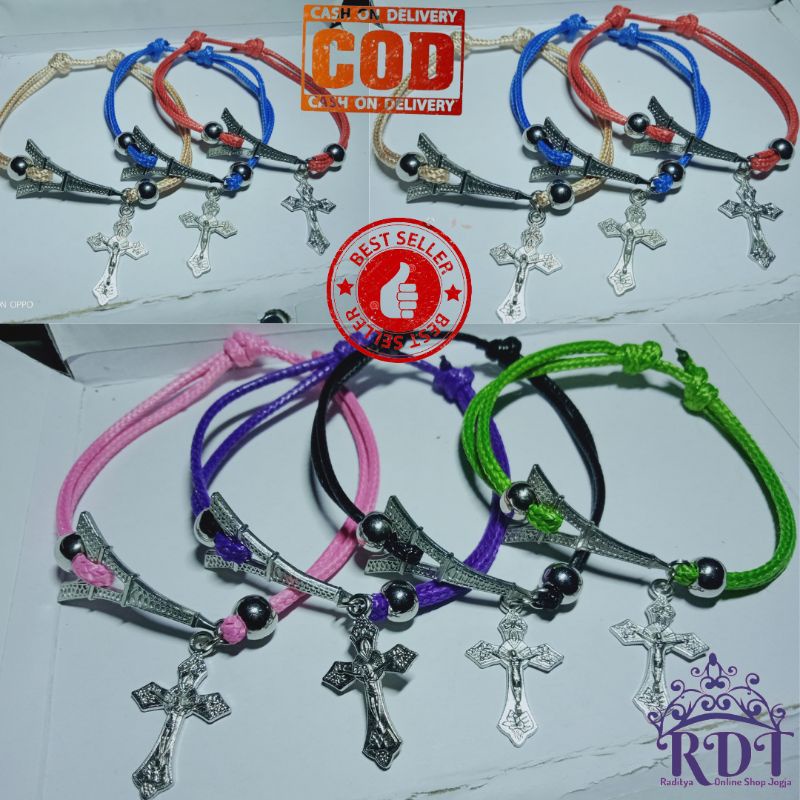Gelang tali Korea 2mm Liontin menara Eiffel Salib