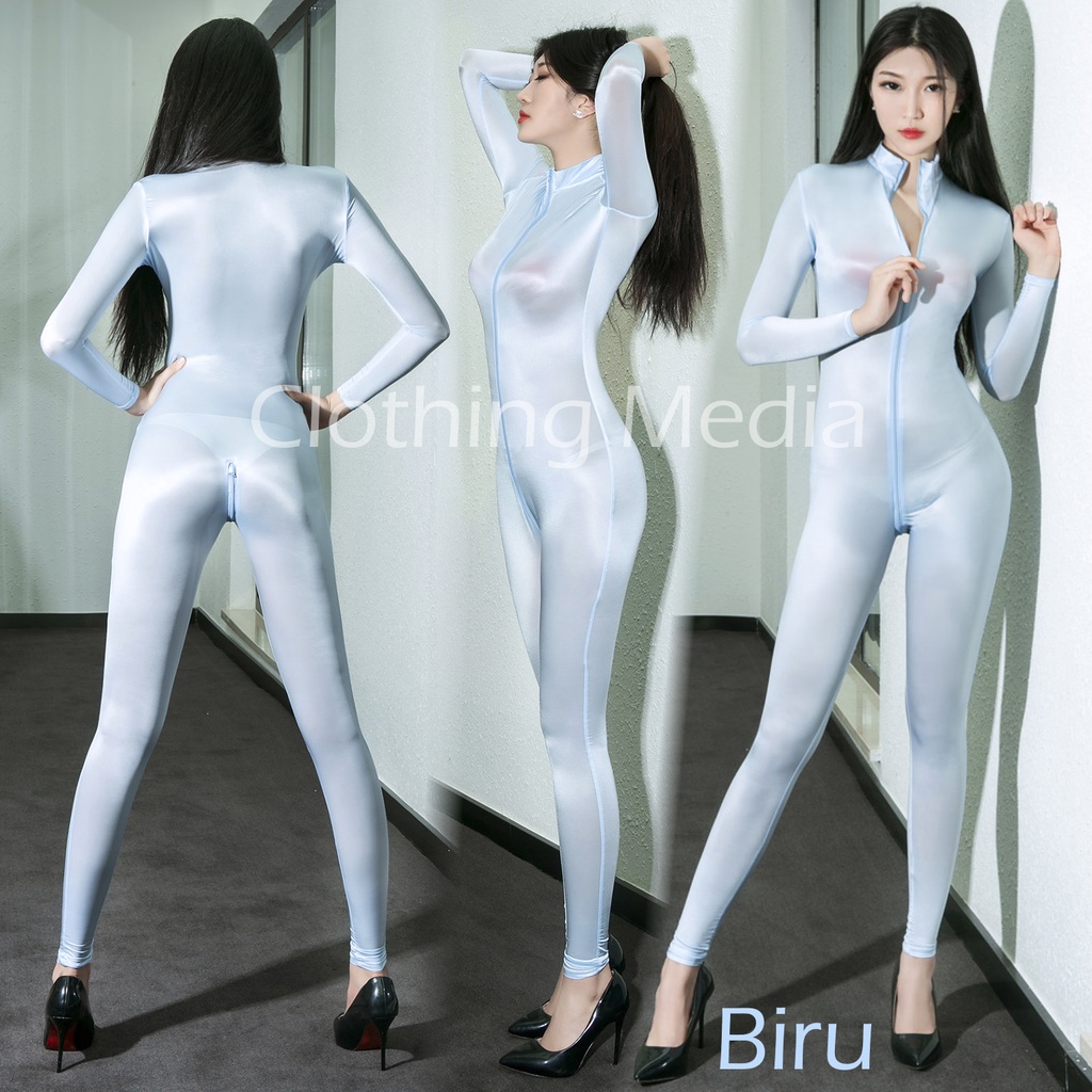 Full Bodysuit Shiny Premium Silky Halus Jumpsuit Glossy Transparan Zipper