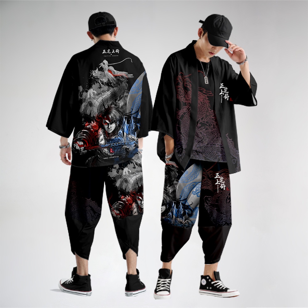 baju Samurai Anime Dragon Cosplay Cardigan Haori Streetwear Casual Hitam Beach Harajuku Japanese Rob