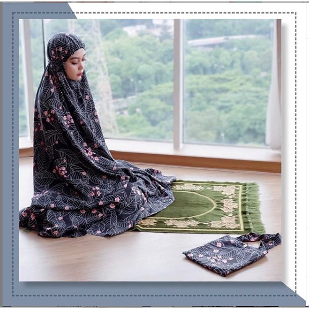 MUKENA TAZBIYA FREESIA LEAF BLACK | Mukenah Tazbiyah Mukena Dewasa Katun Rayon | Mukena Tasbiya