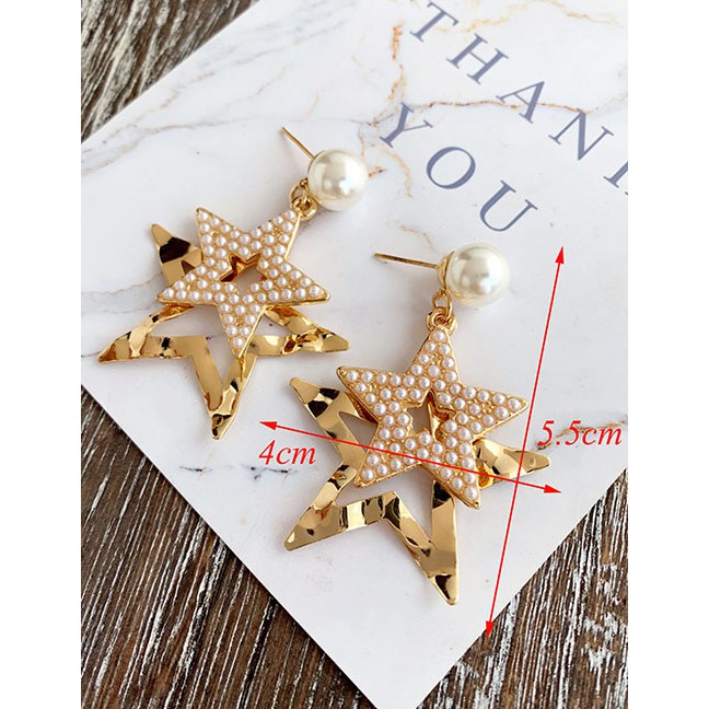 LRC Anting Tusuk Fashion Gold Alloy Pearl Pentagram Stud Earrings F66533