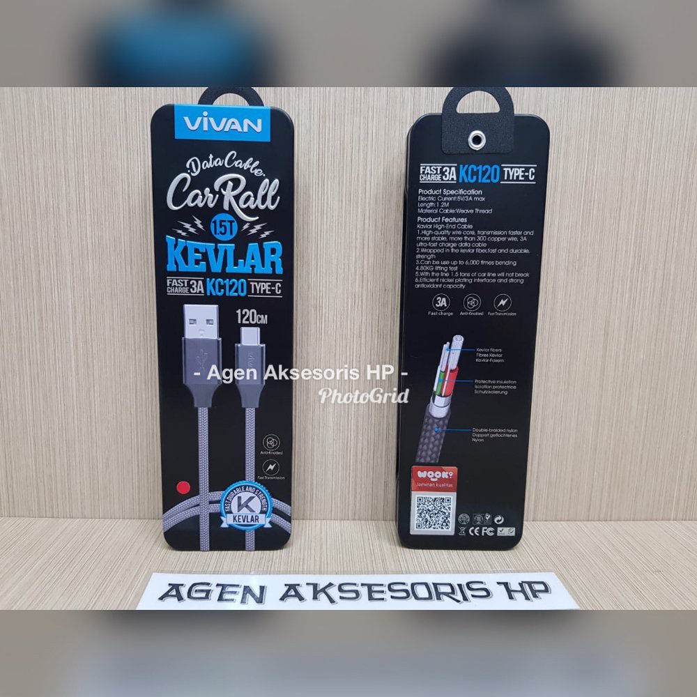 Kabel Charger Type C VIVAN KC120 3.0A FAST CHARGING Kevlar Data Cable Kabel Casan Tipe C
