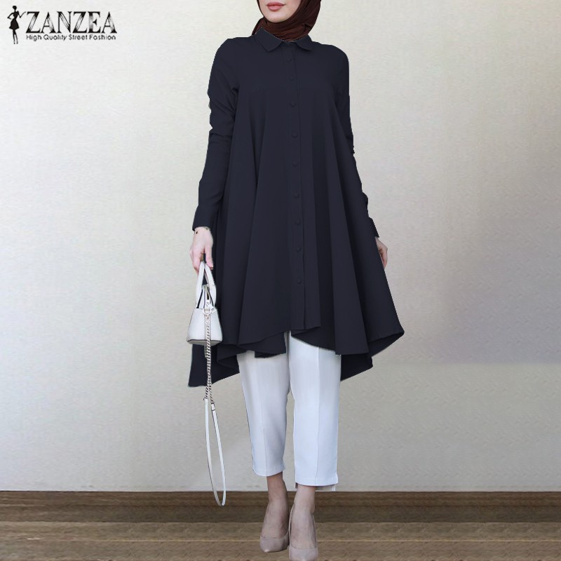 ZANZEA Women Casual Turn-Down-Collar Long Sleeve Muslim Blouse