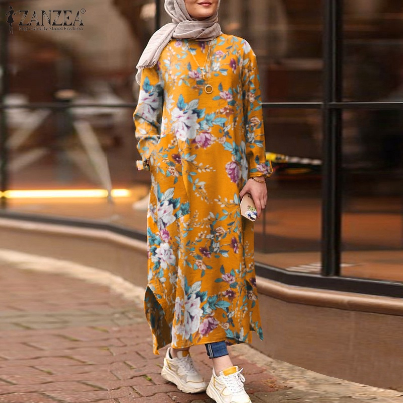 ZANZEA Women Long Sleeve Floral Vintage Oversized Muslim Long Dress