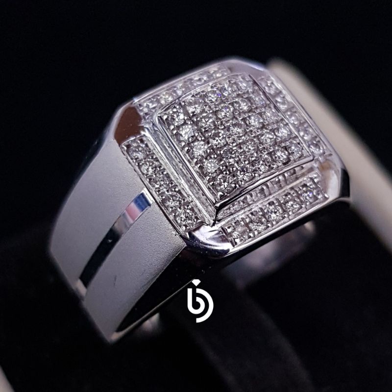 Cincin Pria/Cowok Perak Palladium Berlian Asli Natural Diamond