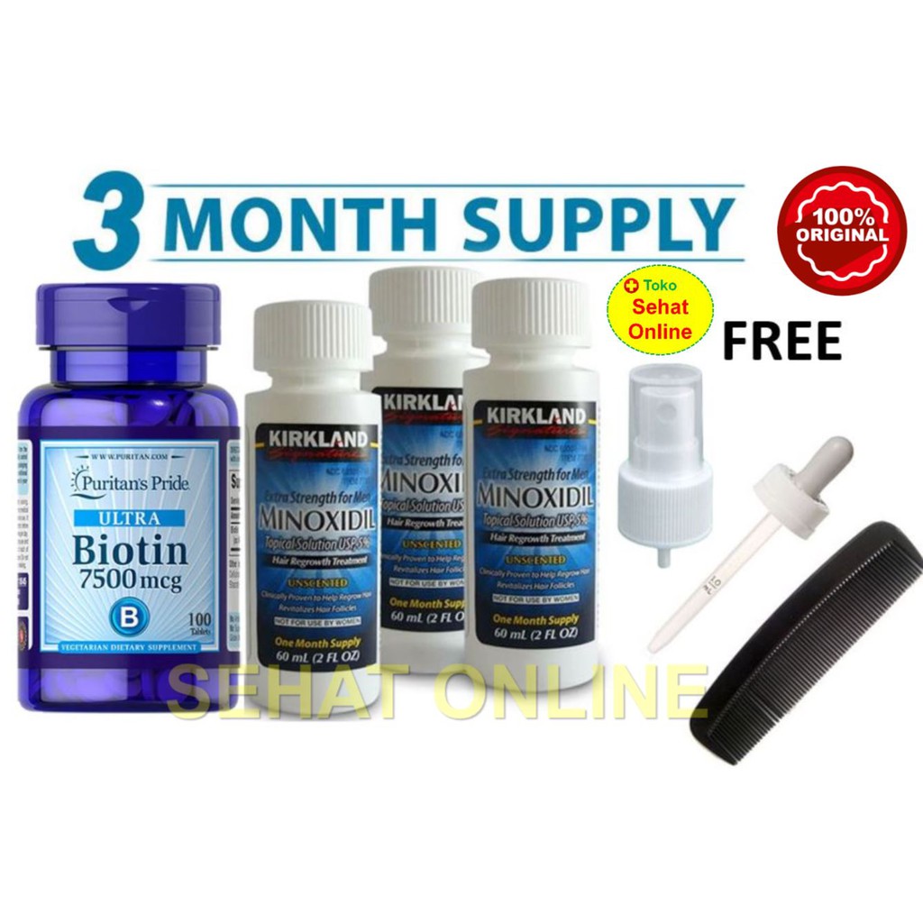 Paket 3 bulan Kirkland Minoxidil 60 ml + Puritan Biotin 7500 mcg 100