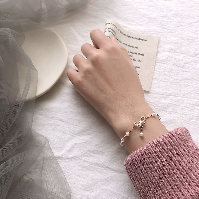 Gelang Bangle Mutiara Aksen Pita Gaya Korea Untuk Wanita