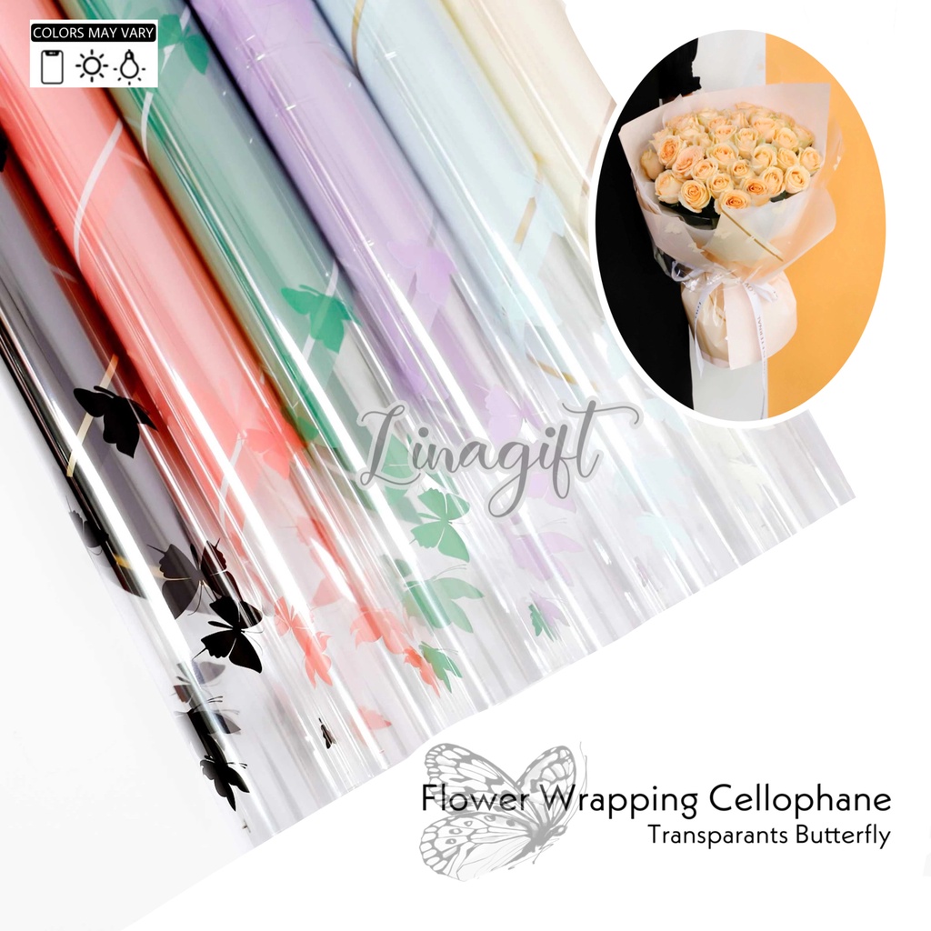 ( 5 Lembar ) TRANSPARANT BUTTERFLY - FLOWER WRAPPING PAPER TUNE COLOR KOREAN CELLOPHANE - KERTAS BUNGA PLASTIK BENING TEMBUS PANDANG KUPU KUPU CUTE LUCU / KARANGAN BUKET BOUQUET / FLORIST