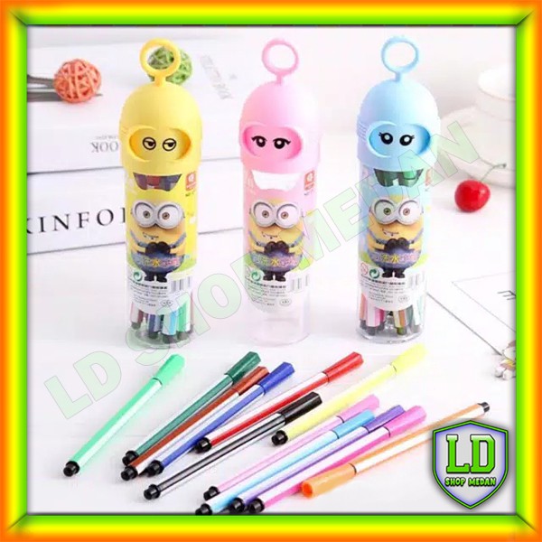 Set Spidol Pensil Warna Cat Air Brush 12 Warna Tabung Stationery Alat Tulis Warna Minion