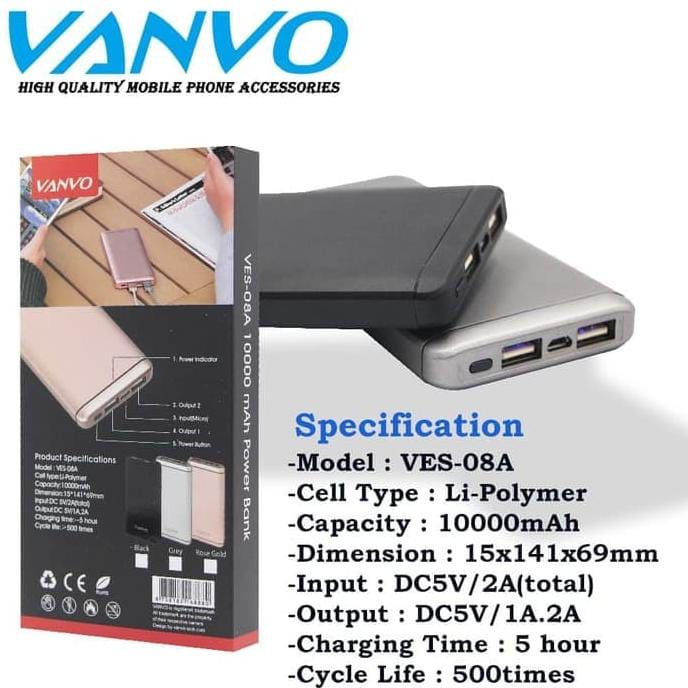 VANVO POWER BANK VANVO SLIM VES - 08A PB VANVO SLIM VES-08A 10000MAH POWER BANK DUAL USB OUTPUT